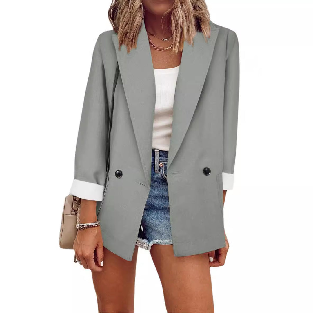 Damen eleganter Oversize-Blazer mit doppelter Knopfleiste und kontrastierenden Ärmeln Drune
