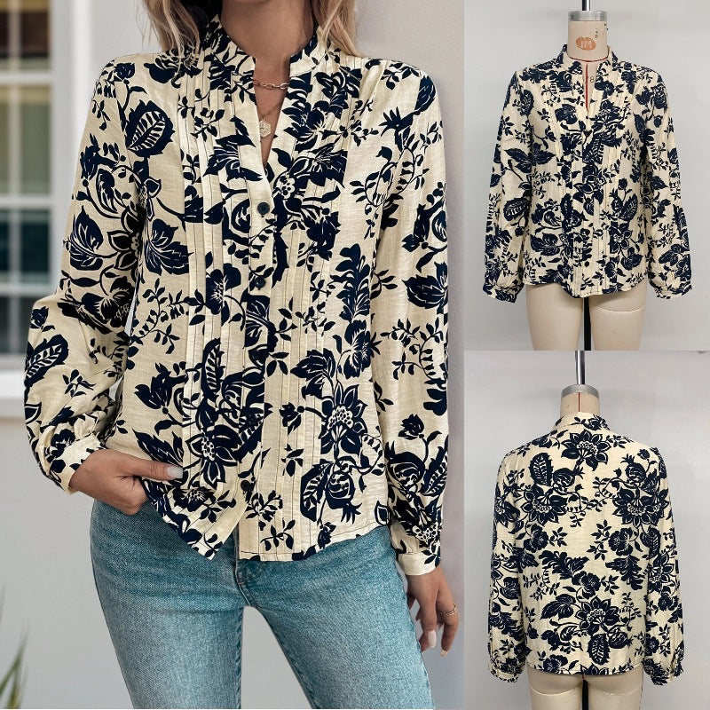 Damen Bluse mit floralen Motiven und eleganter Raffung Drune