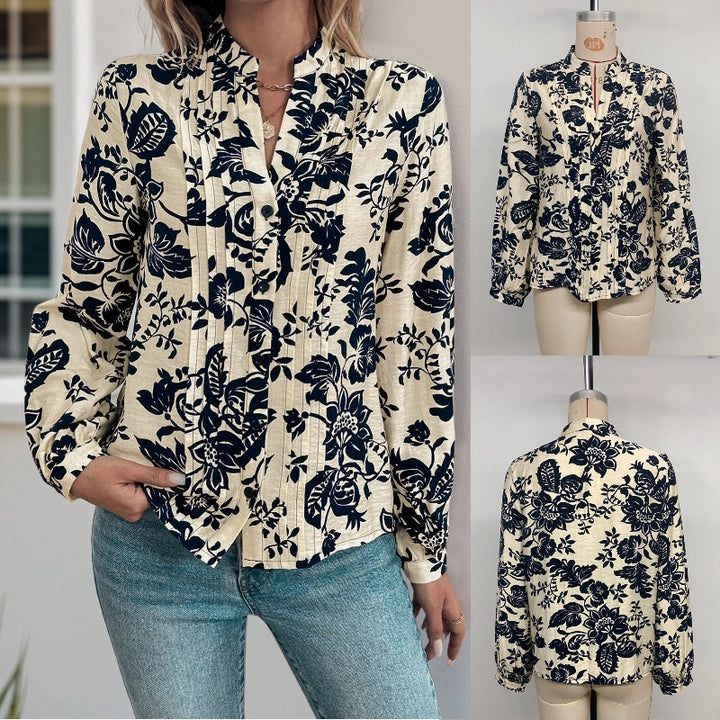 Damen Bluse mit floralen Motiven und eleganter Raffung Drune