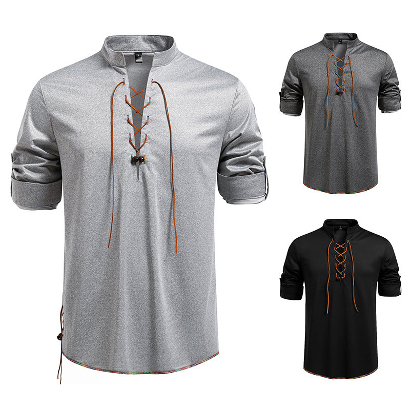 Herren Lässiges Baumwoll-Langarmshirt mit Schnürung, Stehkragen und aufkrempelbaren Ärmeln Drune