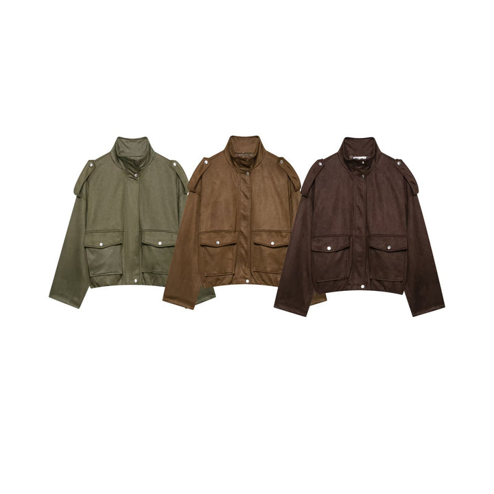 Damen Cropped Field-Jacke in Wildlederoptik mit Stehkragen, Schulterklappen und großen Pattentaschen Drune