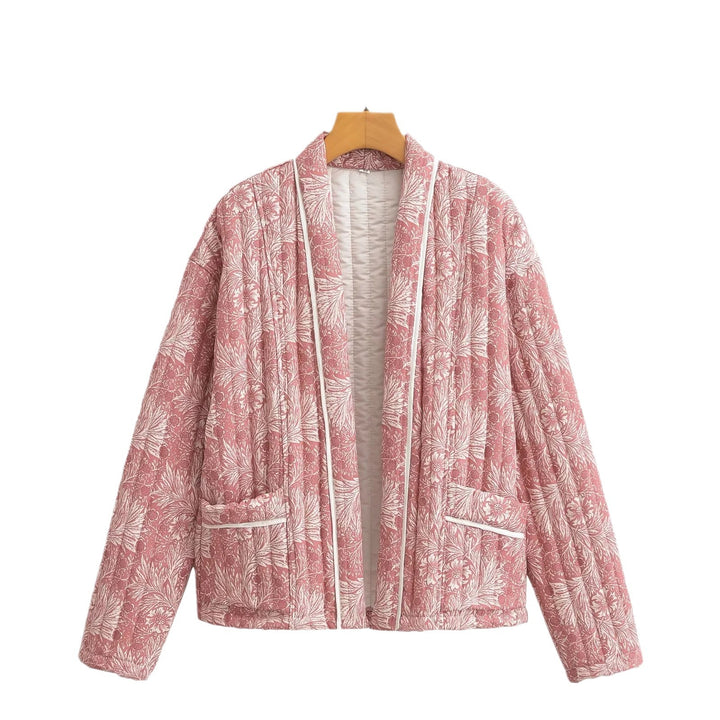 Damen Leichte gesteppte Jacke im Kimono-Stil mit floralem Blockdruck und Kontrastpaspel Drune