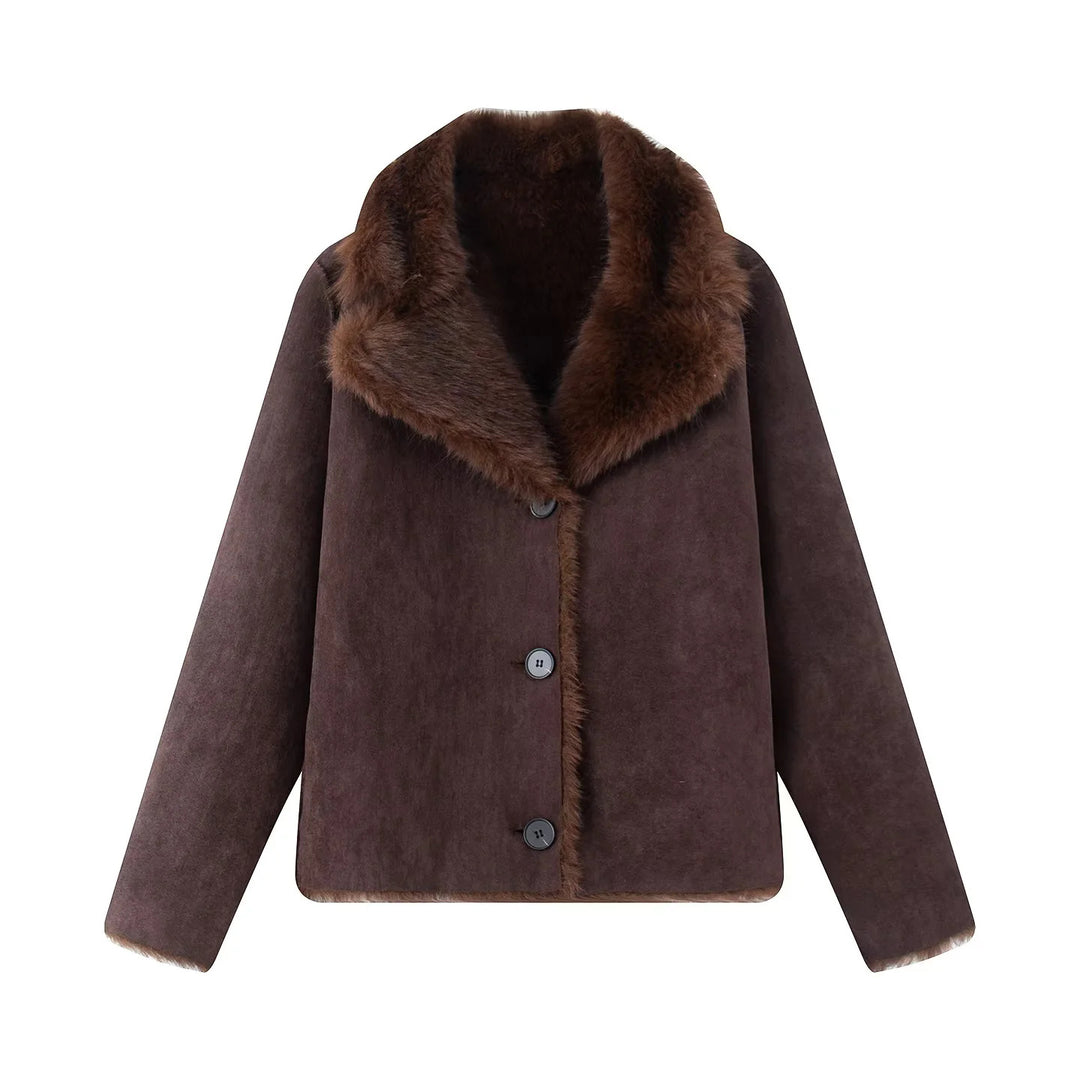 Damen nan kurze Lammfelloptik-Jacke mit voluminösem Schalkragen und verdeckter Knopfleiste Drune