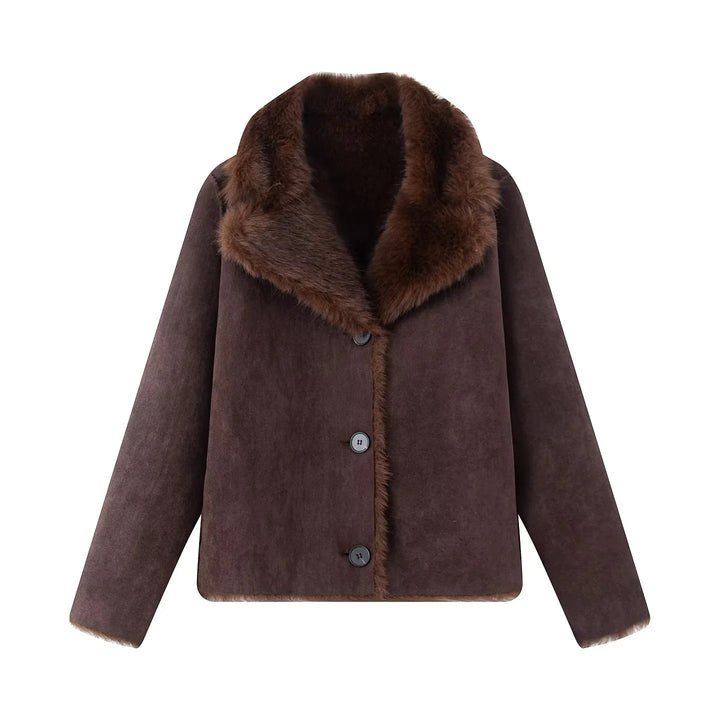 Damen nan kurze Lammfelloptik-Jacke mit voluminösem Schalkragen und verdeckter Knopfleiste Drune