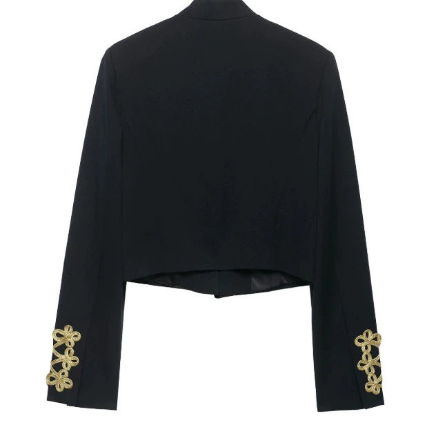Damen Taillierter Cropped Militärblazer mit Stehkragen und goldverzierten Epauletten Drune