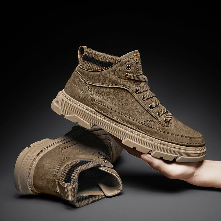 Herren lederoptik High-Top City-Boot Sneaker mit gestricktem Schaftkragen und stoßdämpfender Profilsohle Drune