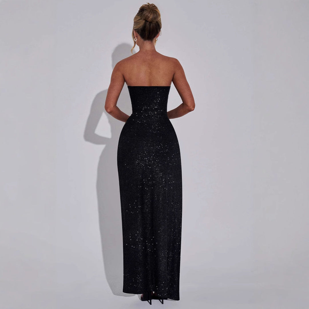 Damen Abendkleid im schulterfreien Stil mit hohem Schlitz und funkelndem Glitzereffekt Drune