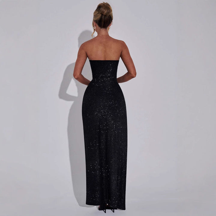 Damen Abendkleid im schulterfreien Stil mit hohem Schlitz und funkelndem Glitzereffekt Drune