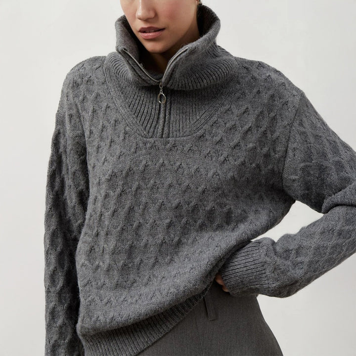 Damen Gemusterter Strickpullover mit hohem Kragen und Halbreißverschluss Drune