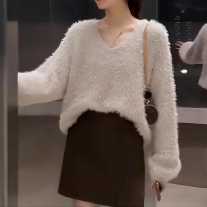 Damen Flauschiger V-Ausschnitt Pullover mit langem Arm und Glitzerfäden Drune