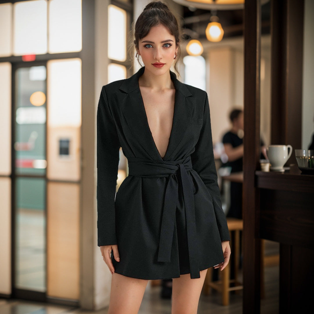 Damen Taillierter Blazer-Mantel mit Bindegürtel und Pattentaschen Drune