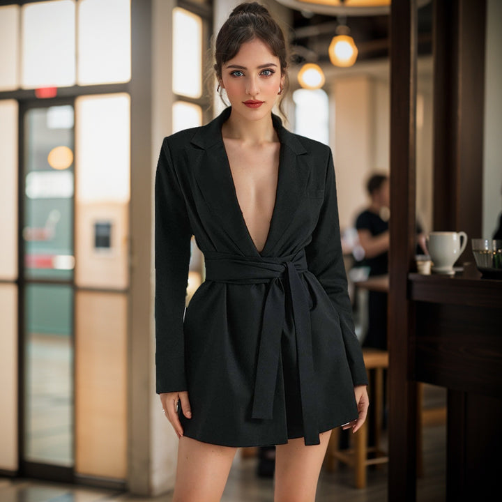 Damen Taillierter Blazer-Mantel mit Bindegürtel und Pattentaschen Drune