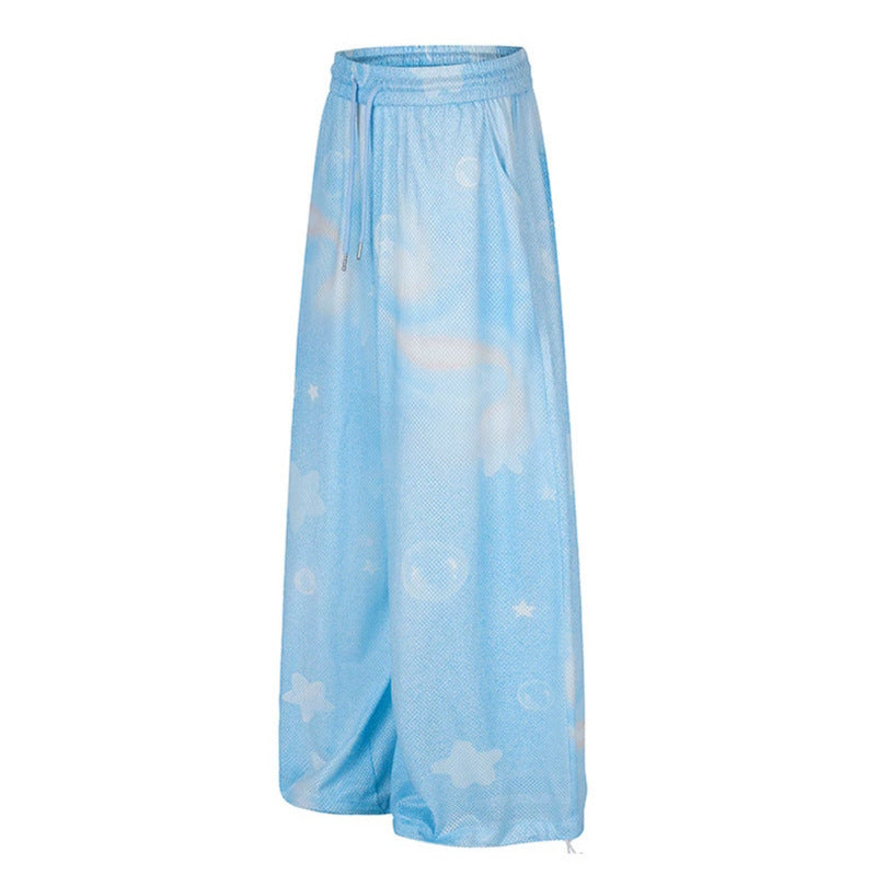Damen Weite Mesh‑Palazzo‑Loungehose mit elastischem Komfortbund und Stern-Bubble-Print Drune