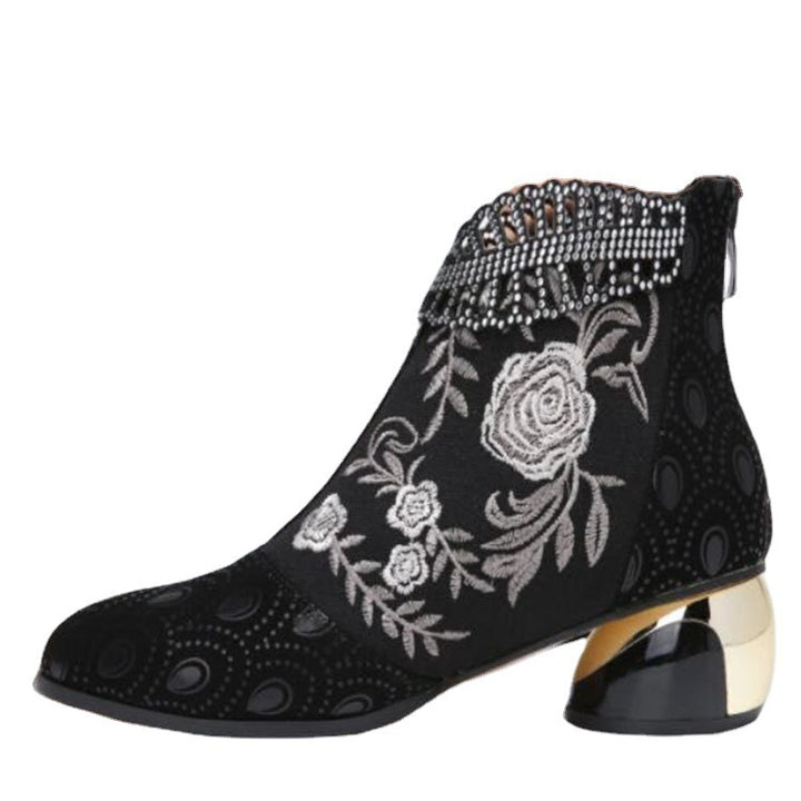 Damen nan bestickte Ankle-Boots mit Samteinsatz Perlenbesatz und skulptiertem Blockabsatz Drune