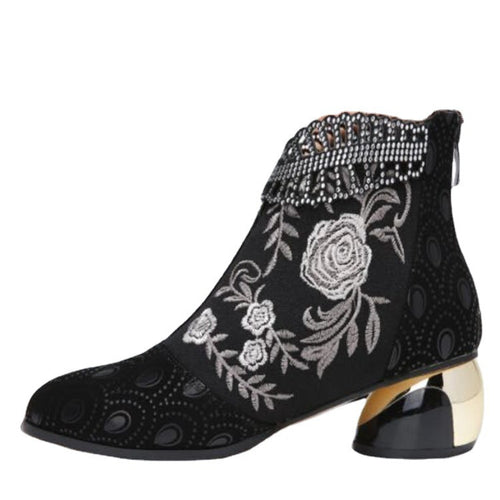 Damen nan bestickte Ankle-Boots mit Samteinsatz Perlenbesatz und skulptiertem Blockabsatz Drune