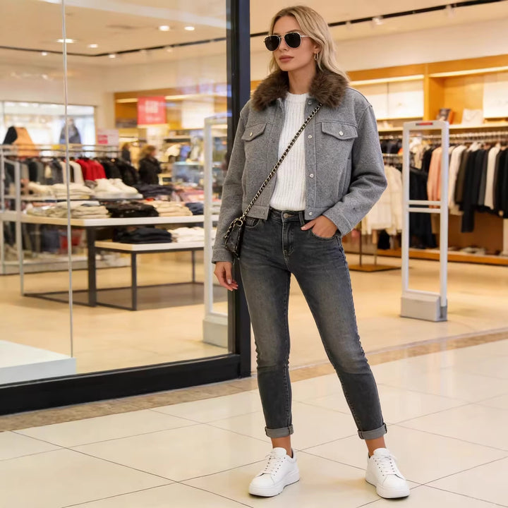Damen Kurze Wolljacke mit voluminösem Fellkragen, Druckknopf‑Front und aufgesetzten Brusttaschen Drune
