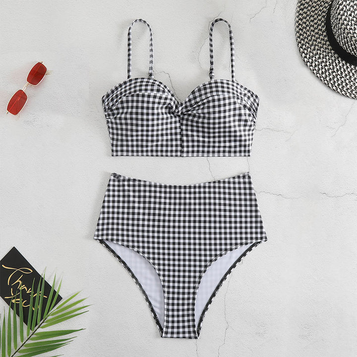Damen Hochgeschnittener Karo-Bikini mit gepolstertem Oberteil Drune