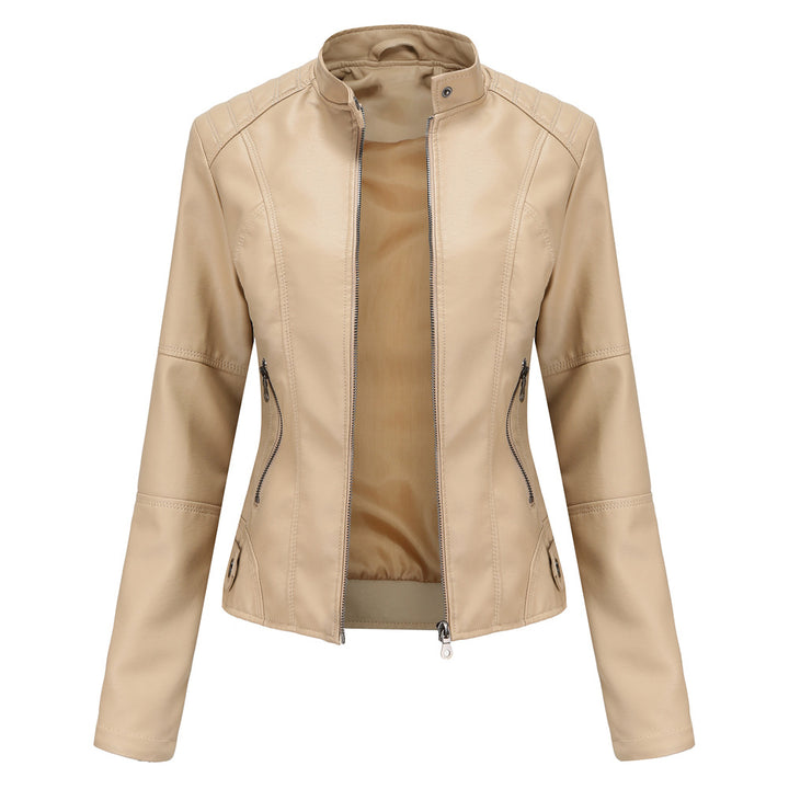 Damen nan taillierte Kunstleder Bikerjacke mit Stehkragen Drune