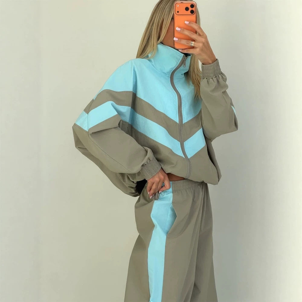 Damen Oversize-Trainingsanzug-Set mit Stehkragen und Kontraststreifen Drune