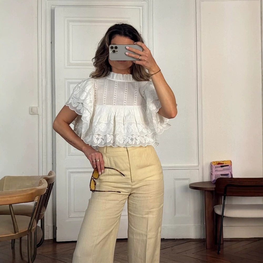 Damen Spitzenbluse im Cropped-Volantstil mit Stehkragen und Lagenrüschen Drune
