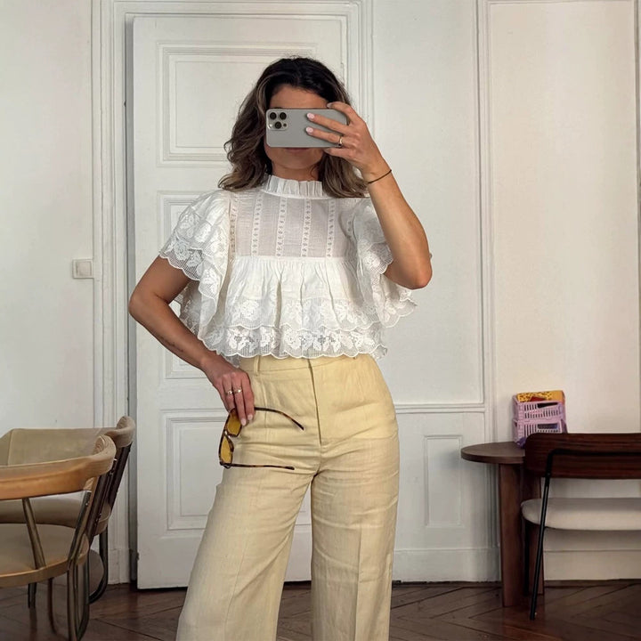 Damen Spitzenbluse im Cropped-Volantstil mit Stehkragen und Lagenrüschen Drune
