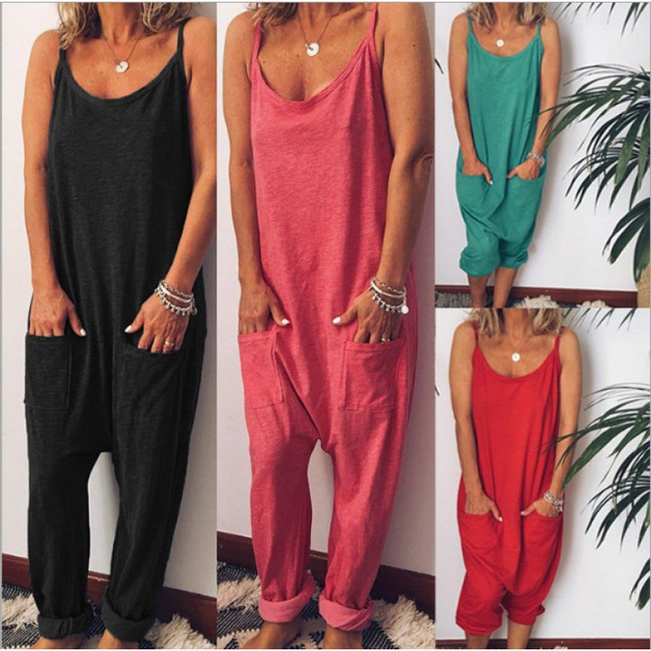 Damen lässiger Jumpsuit mit praktischen Taschen und Spaghettiträgern Drune