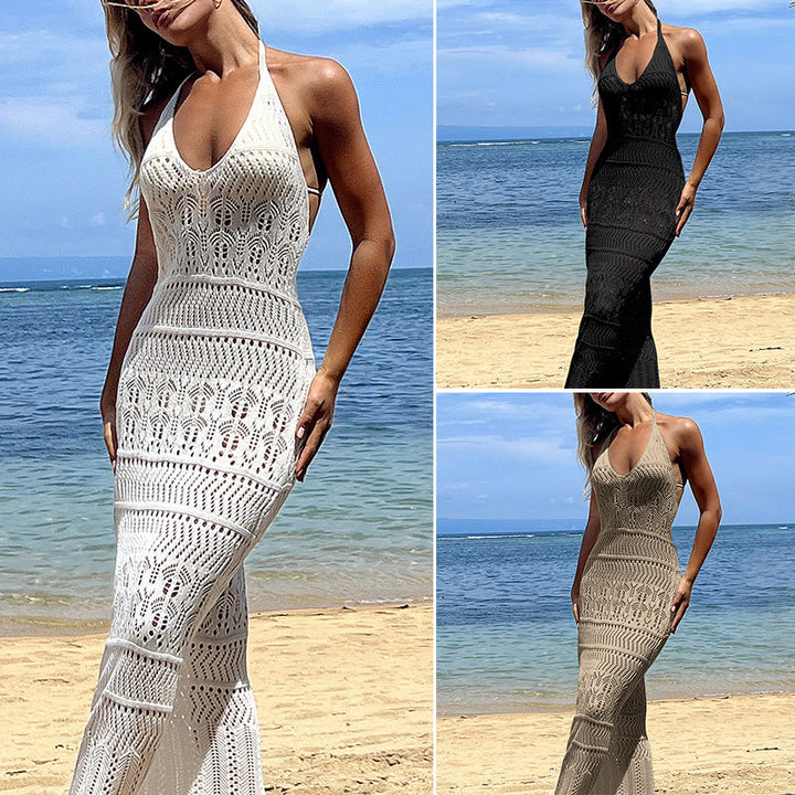 Damen Häkel-Maxikleid mit tiefem V-Ausschnitt und filigranem Design Drune