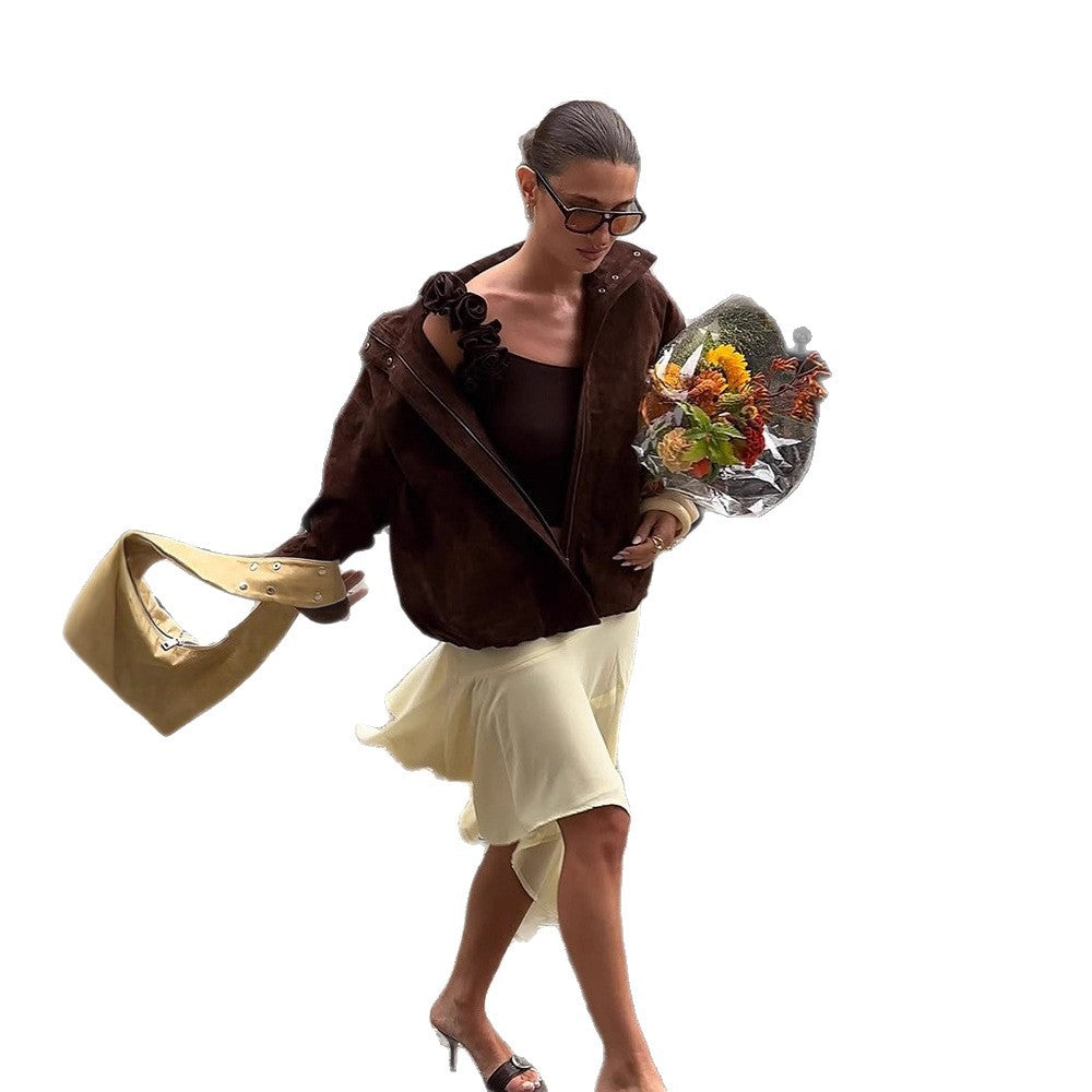 Damen Kurz geschnittener Veloursleder-Blouson mit hohem Stehkragen, kastiger Oversize‑Silhouette und verdecktem Reißverschluss Drune