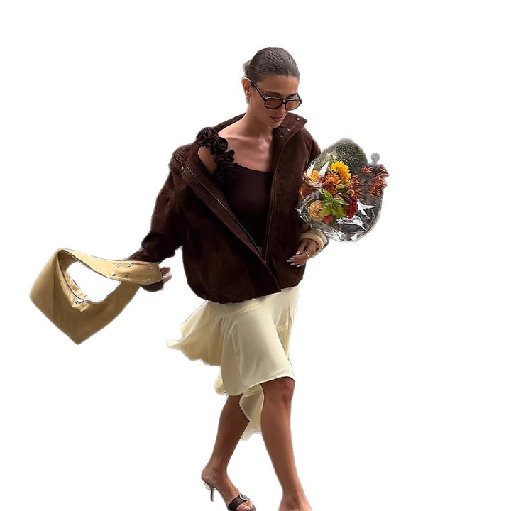 Damen Kurz geschnittener Veloursleder-Blouson mit hohem Stehkragen, kastiger Oversize‑Silhouette und verdecktem Reißverschluss Drune