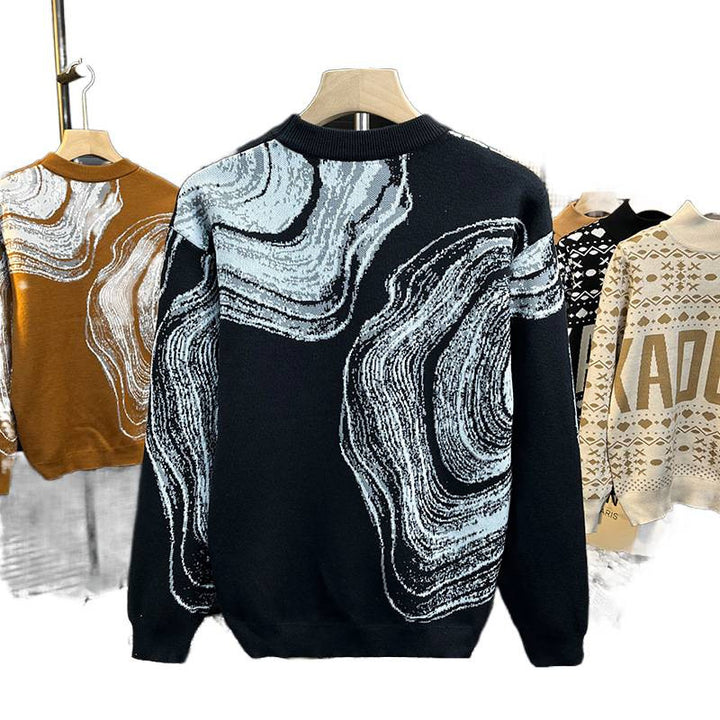 Herren Grobgestrickter Rundhalspullover mit abstraktem Marmor-Jacquard Drune