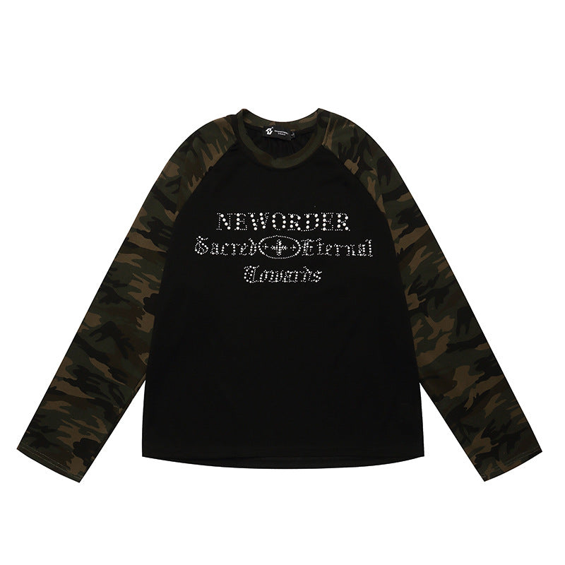 Damen Langarmshirt mit Camouflage‑Raglanärmeln und Strass‑Logoprint Drune