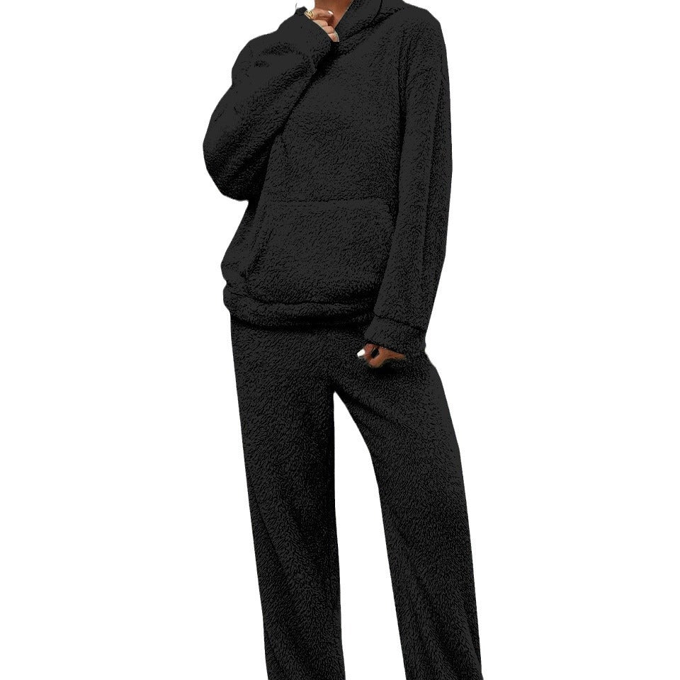 Damen nan kuscheliges Teddy-Fleece Hausanzug-Set mit Kapuze, Kängurutasche und elastischer Jogginghose Drune