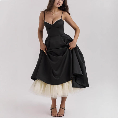 Damen nan tailliertes retro-inspiriertes Midikleid mit Korsage Unterbrustnähten Tellerrock und Eingrifftaschen Drune
