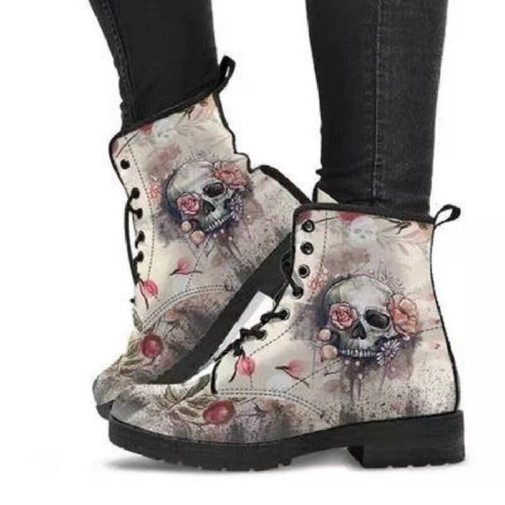 Damen nan modische knöchelhohe Schnür-Bikerboots mit auffälligem Totenkopf-Rosen-Print und robuster Profilsohle Drune