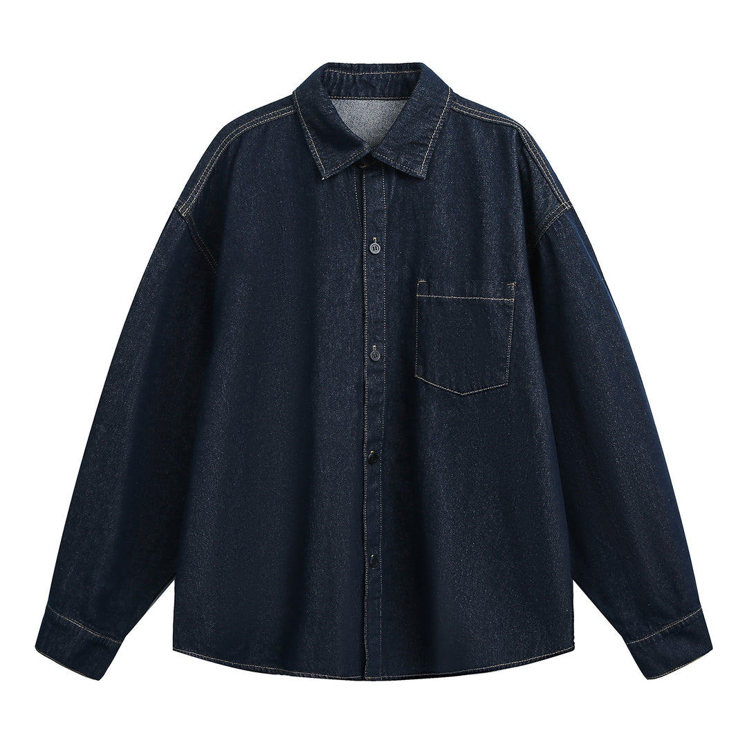 Unisex Weit geschnittene Jeanshemdjacke aus Denim mit Kontrastnähten und aufgesetzter Brusttasche Drune