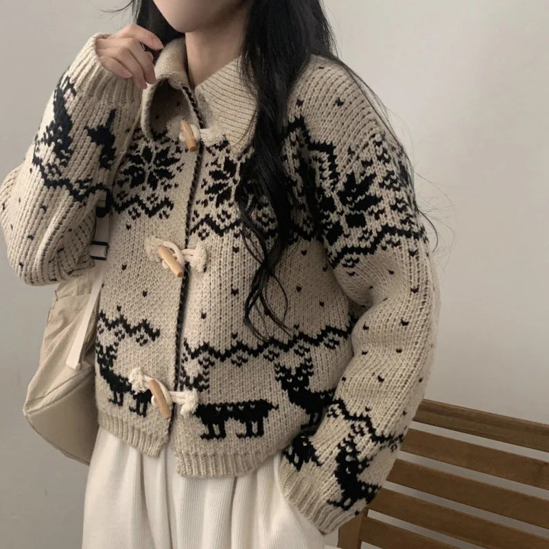 Damen Strickjacke mit Holzknopfverschluss und modernem Muster Drune
