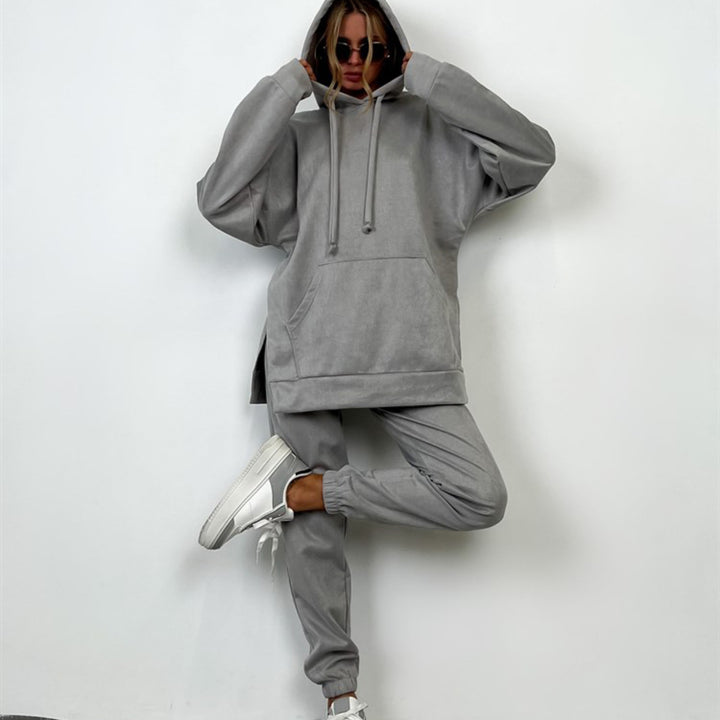 Damen sportliches Fleece-Lounge-Set mit übergroßem Hoodie und elastischen Hosen Drune