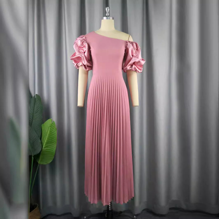 Damen elegantes Maxikleid mit asymmetrischem Schnitt und voluminösen Puffärmeln Drune