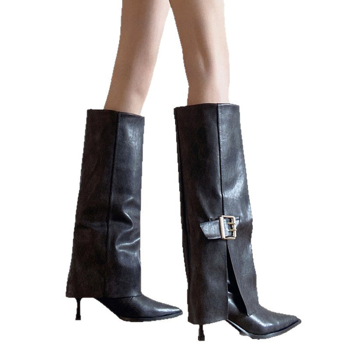 Damen Kniehohe spitz zulaufende Lederstiefel mit seitlicher Deko-Schnalle und sculpted Absatz Drune