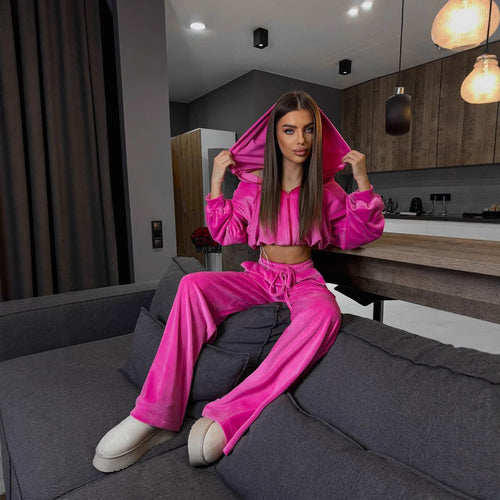 Damen luxuriöses Velours-Cropped-Hoodie und High-Waist Weite Jogginghose Set Drune