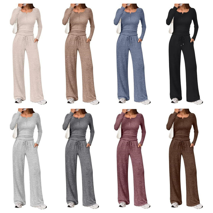 Damen Zweiteiliges Feinstrick-Lounge-Set mit Henley-Top und Palazzo-Hose Drune