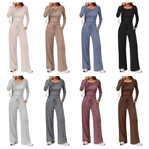 Damen Zweiteiliges Feinstrick-Lounge-Set mit Henley-Top und Palazzo-Hose Drune