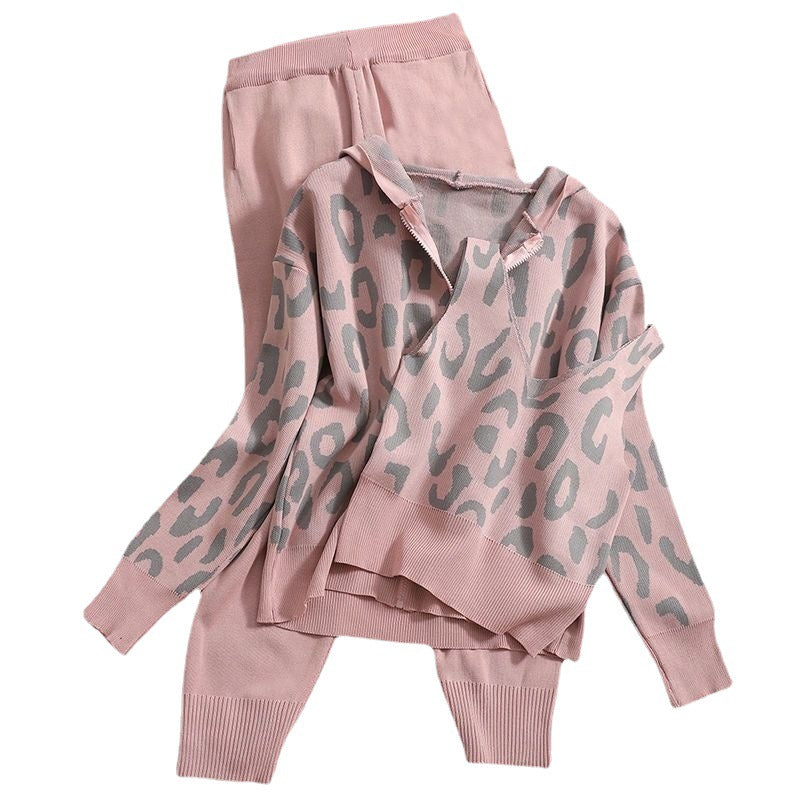 Damen gemütliches Strick-Loungewear-Set mit Leopardenmuster Drune