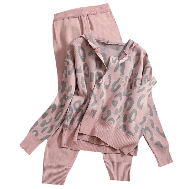 Damen gemütliches Strick-Loungewear-Set mit Leopardenmuster Drune