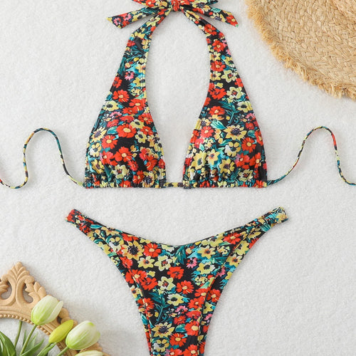 Damen Triangel-Bikini mit tiefem Ausschnitt und floralem Muster Drune