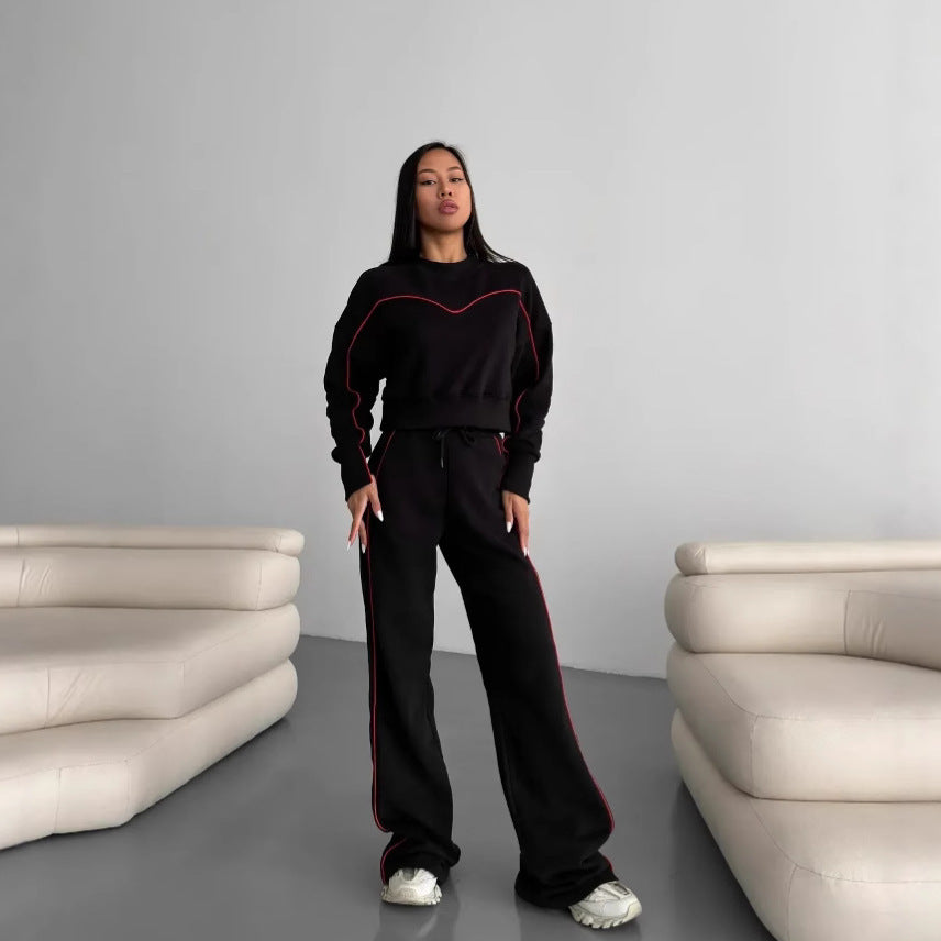 Damen kurzes Oversize-Sweatshirt mit Kordelzug-Jogginghose und Kontrastnähten Drune