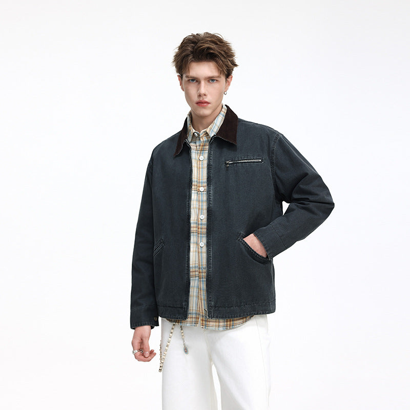 Herren Freizeitjacke aus gewaschenem Baumwollcanvas mit Cordkragen und Reißverschluss-Tasche Drune