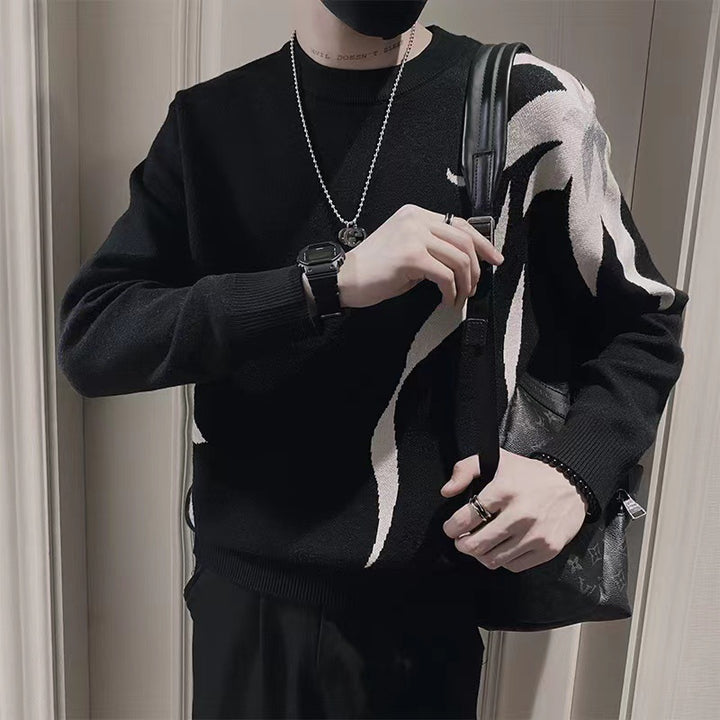 Herren Strickpullover mit abstraktem Flammen‑Jacquard und Rundhalsausschnitt Drune