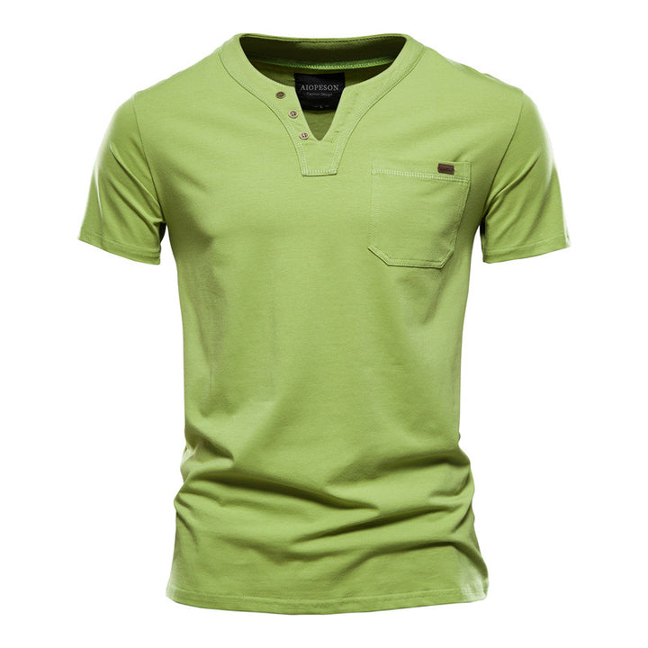 Herren V-Ausschnitt T-Shirt mit Druckknöpfen und Brusttasche Drune