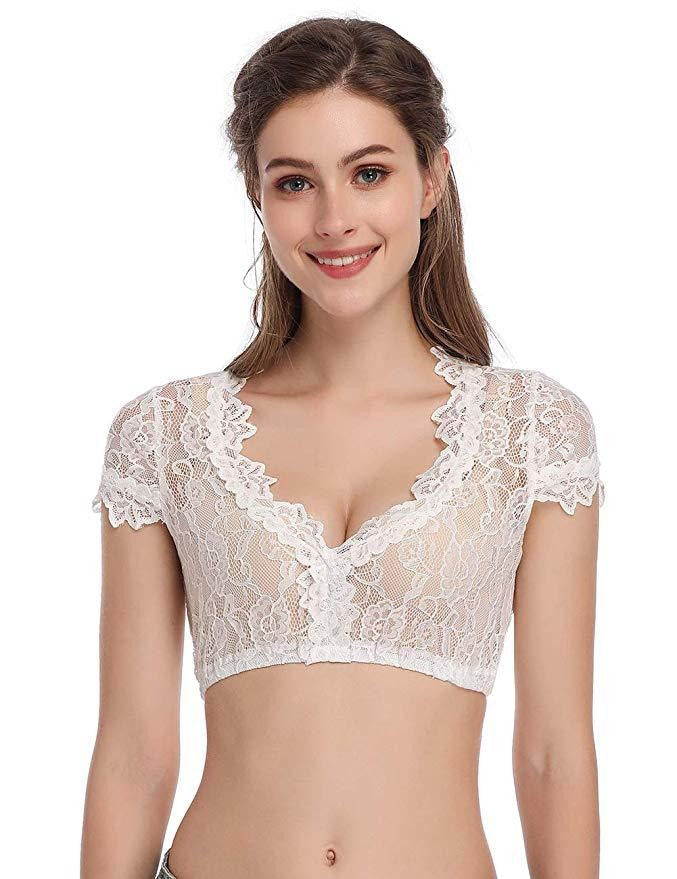 Damen  kurze transparente Spitzenbluse mit V-Ausschnitt und zierlichen Ärmelabschlüssen Drune
